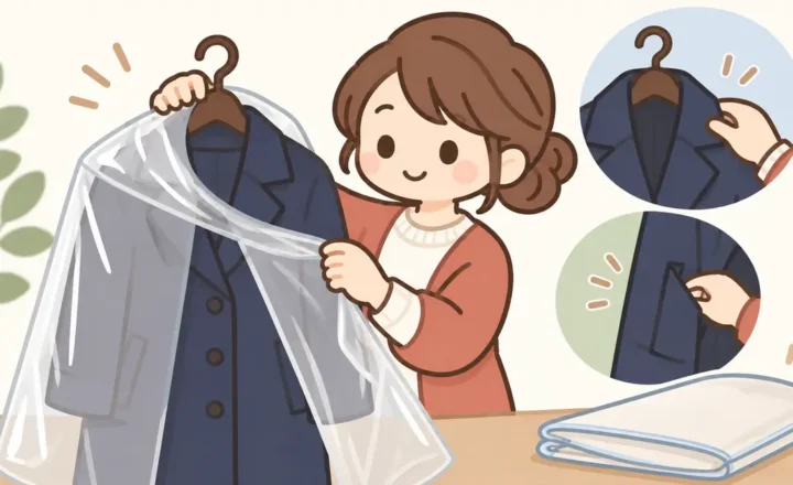 クリーニング後のコートからビニールカバーを外し、襟やポケットを確認する女性のイラスト