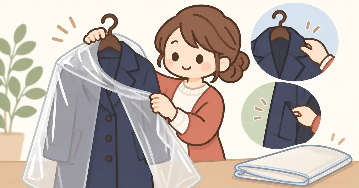 クリーニング後のコートからビニールカバーを外し、襟やポケットを確認する女性のイラスト
