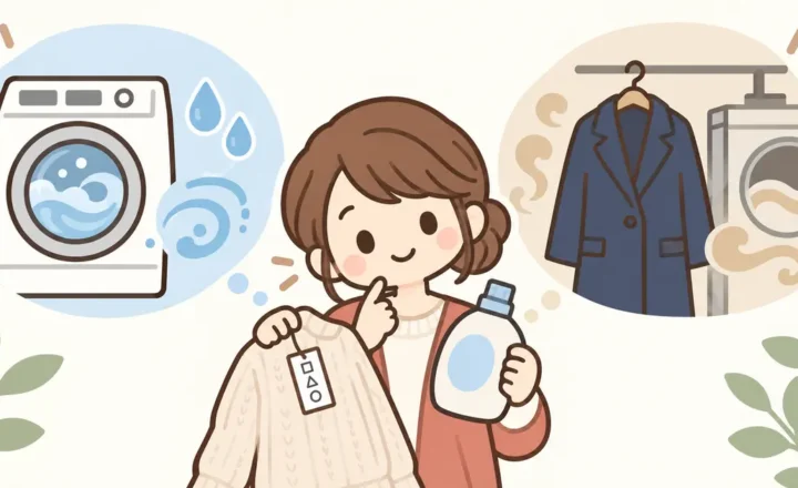 ドライマーク用洗剤と家庭洗濯、専門店のドライクリーニングを比べる女性のイラスト