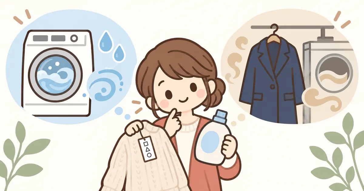 ドライマーク用洗剤と家庭洗濯、専門店のドライクリーニングを比べる女性のイラスト