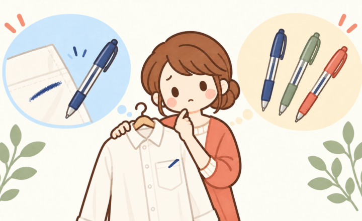 ボールペンのインクが付いた白いシャツを持つ女性と、インク跡・種類の異なるペンを描いたイラスト