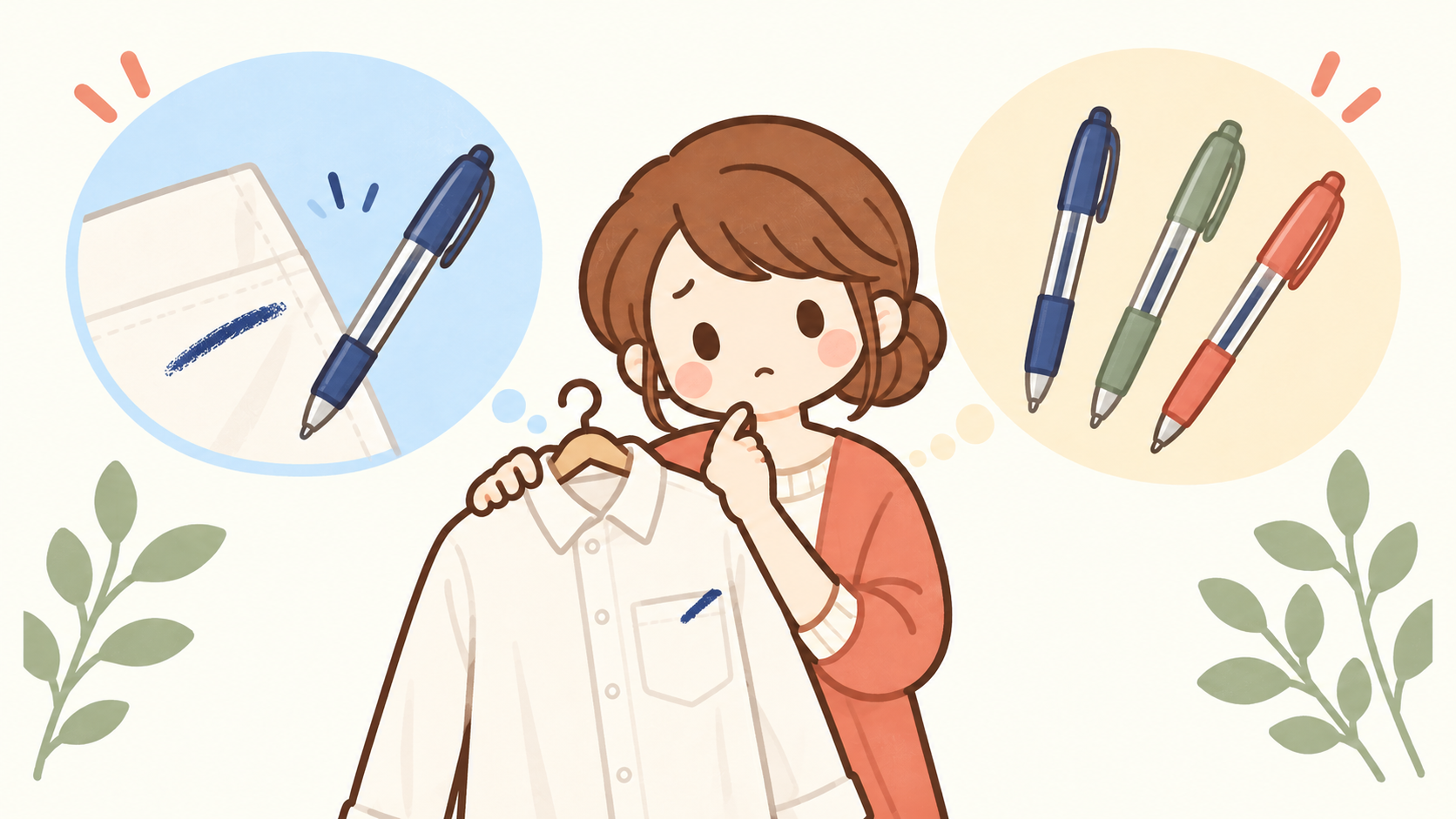 ボールペンのインクが付いた白いシャツを持つ女性と、インク跡・種類の異なるペンを描いたイラスト
