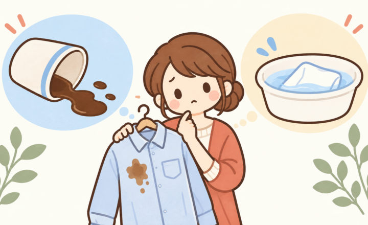 コーヒーのシミが付いたシャツを持つ女性と、こぼれたコーヒー・洗濯の確認を表すイラスト