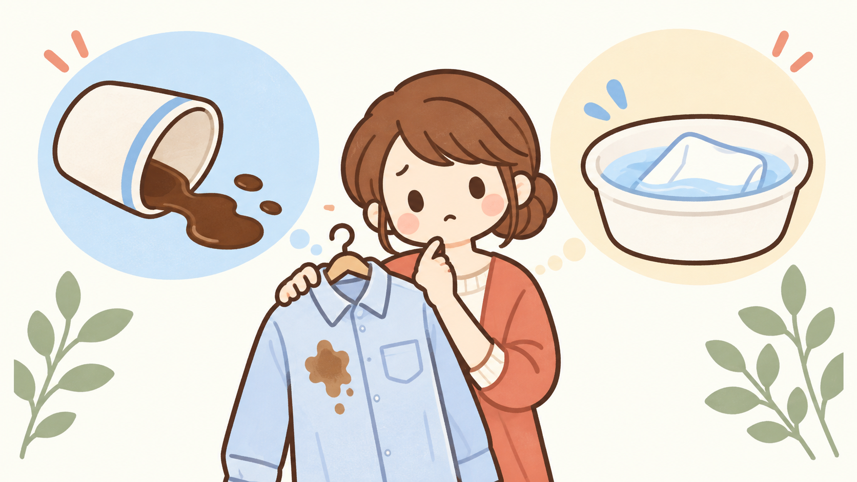 コーヒーのシミが付いたシャツを持つ女性と、こぼれたコーヒー・洗濯の確認を表すイラスト