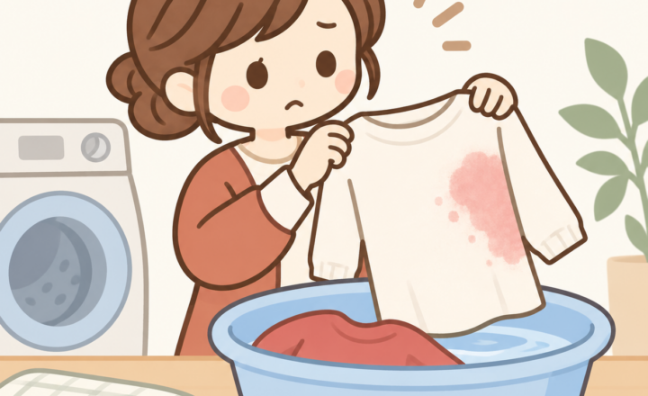 白い服にピンク色が移り、女性が色移りを確認している様子