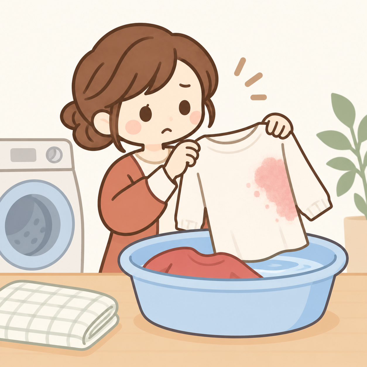 白い服にピンク色が移り、女性が色移りを確認している様子