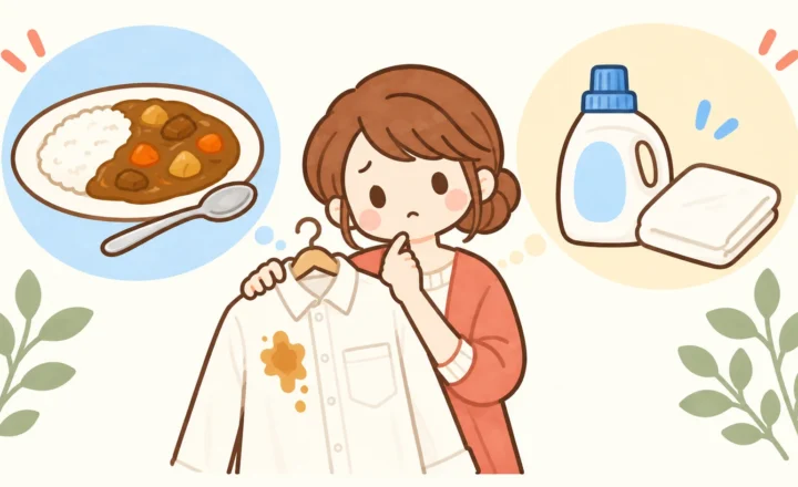 カレーの黄色いシミが付いたシャツを持つ女性と、カレー皿・洗濯用品を描いたイラスト