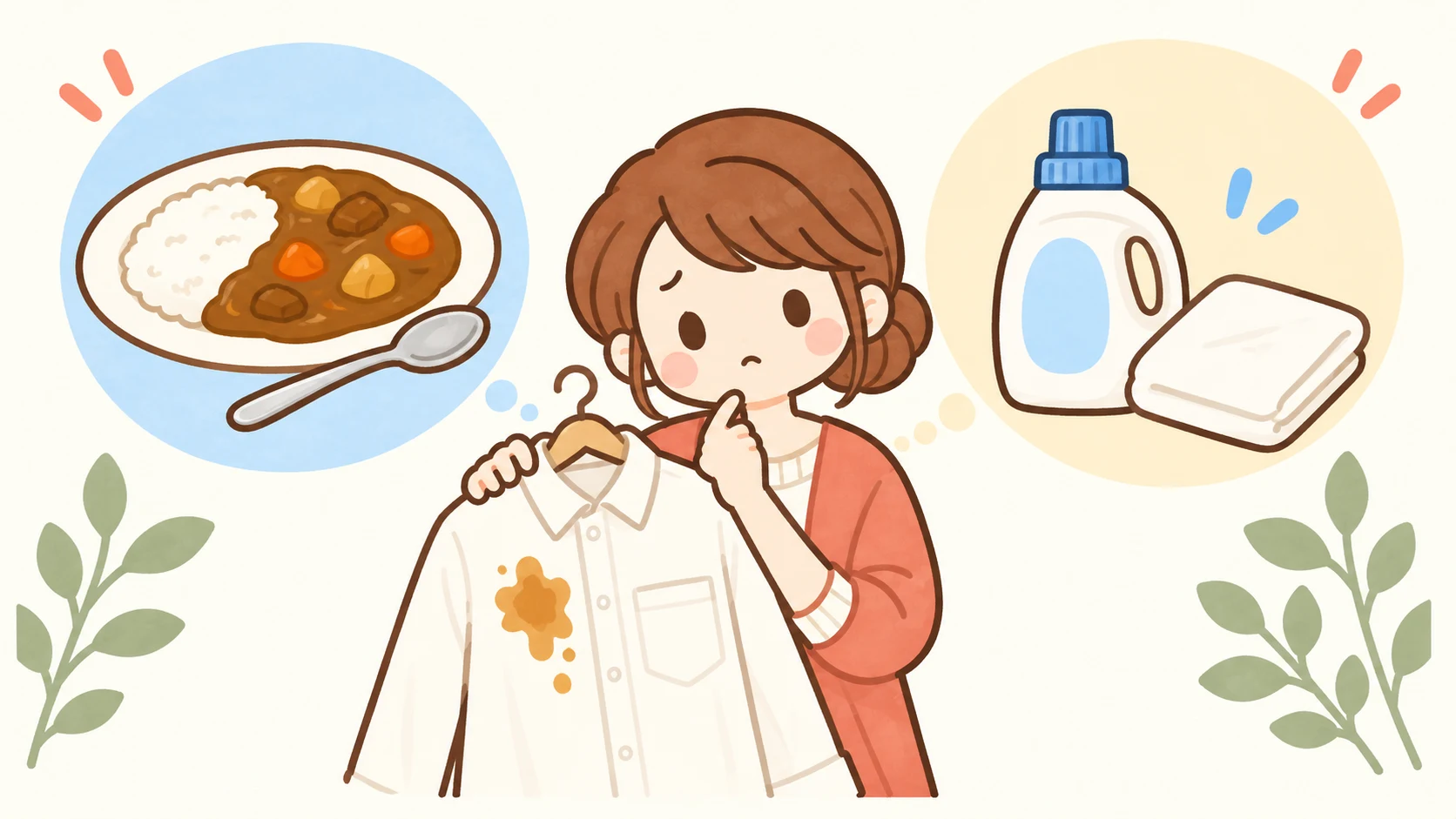 カレーの黄色いシミが付いたシャツを持つ女性と、カレー皿・洗濯用品を描いたイラスト