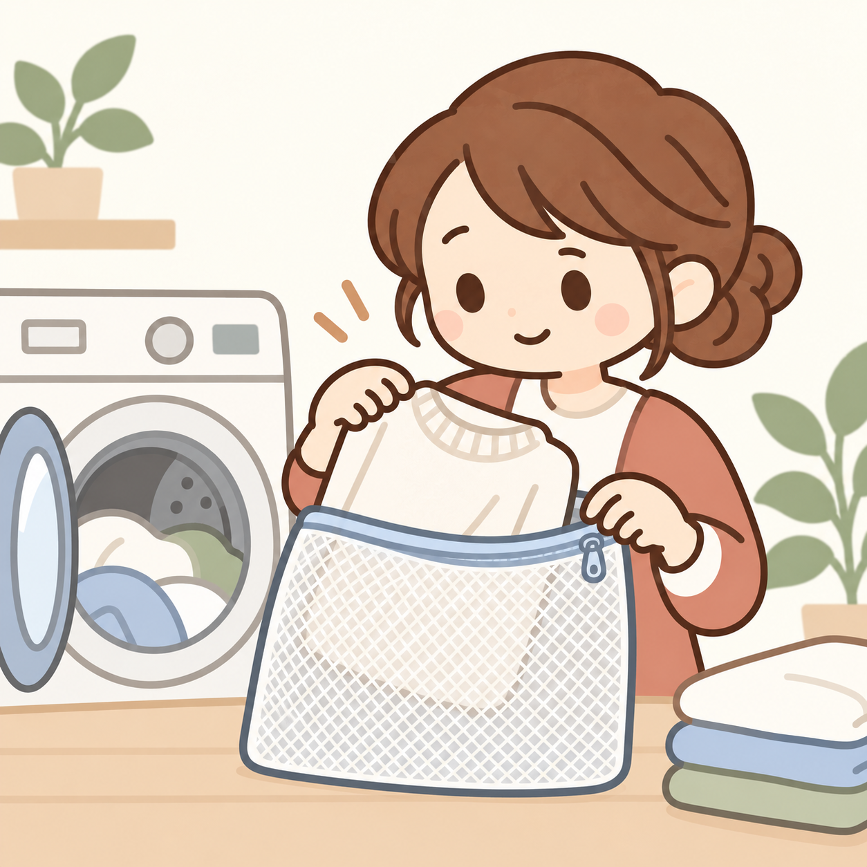 洗濯ネットに衣類を入れる女性のイラスト