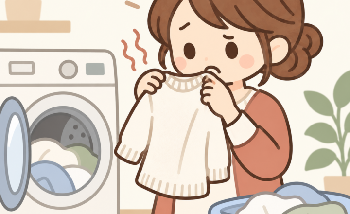洗濯後の臭いを確かめる女性と洗濯機、洗濯かご
