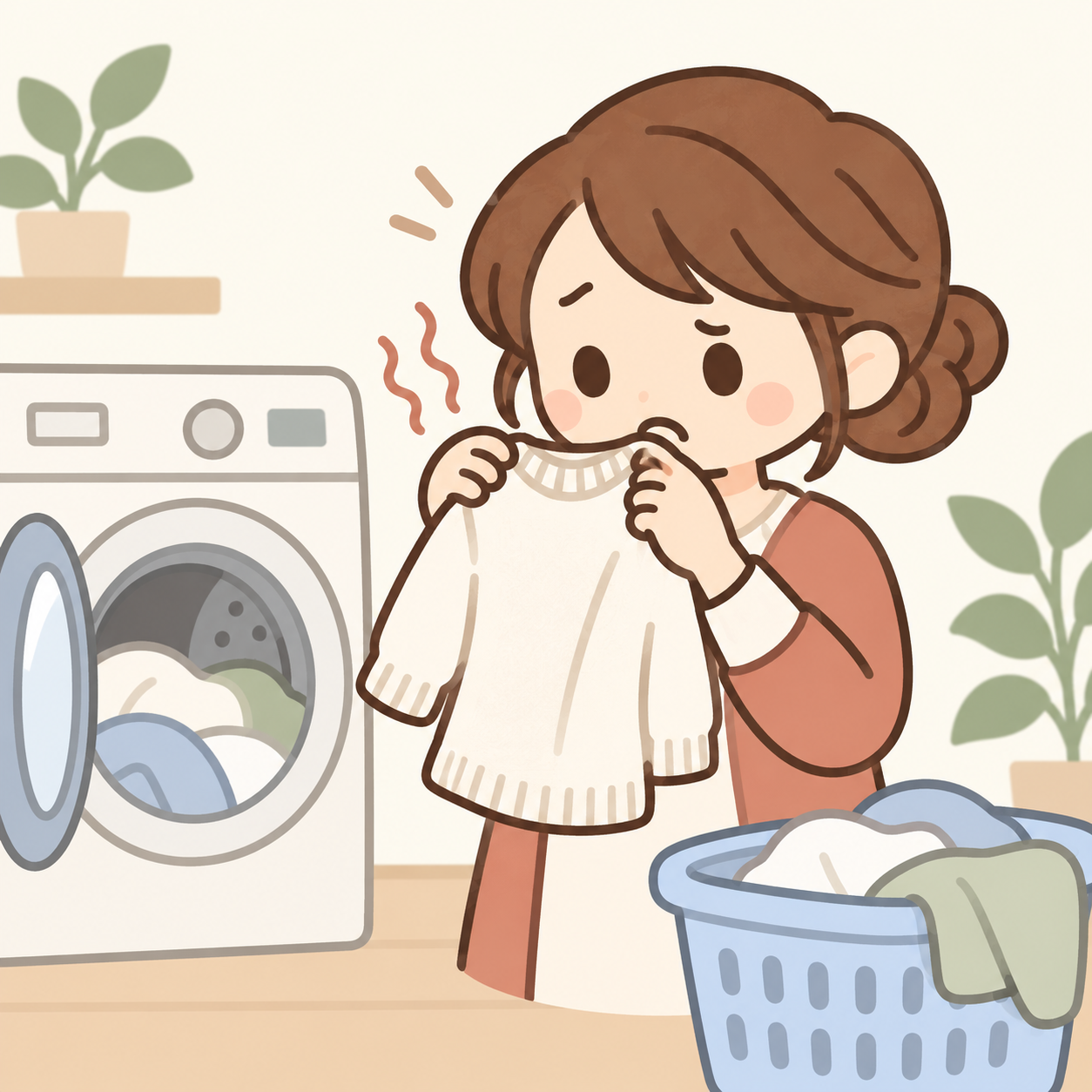 洗濯後の臭いを確かめる女性と洗濯機、洗濯かご