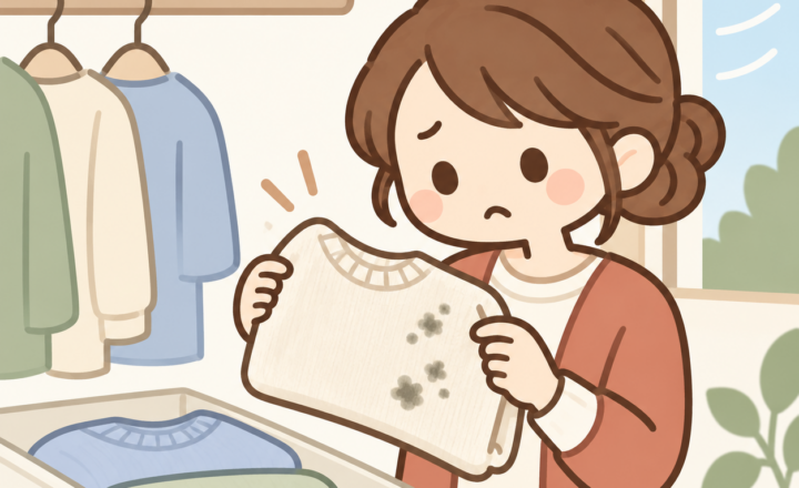 黒い斑点が付いた衣類を確認する女性