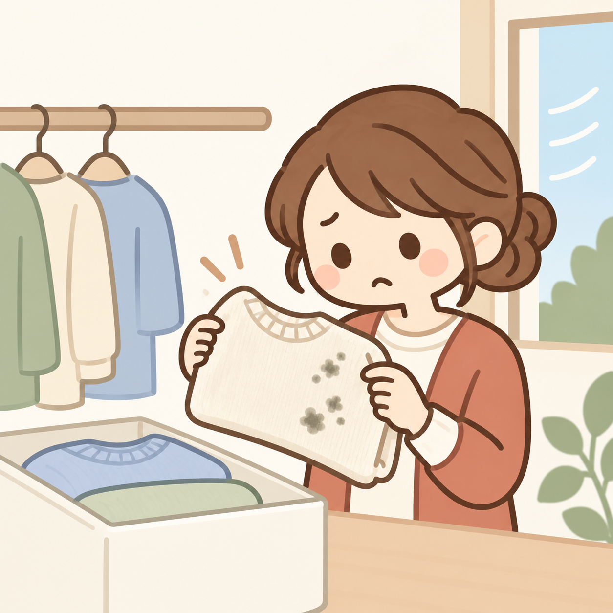 黒い斑点が付いた衣類を確認する女性