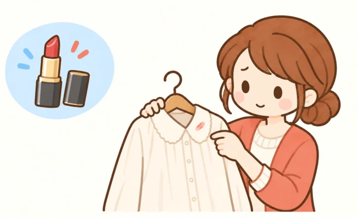口紅の付いた衣類を確認する女性と口紅のイラスト