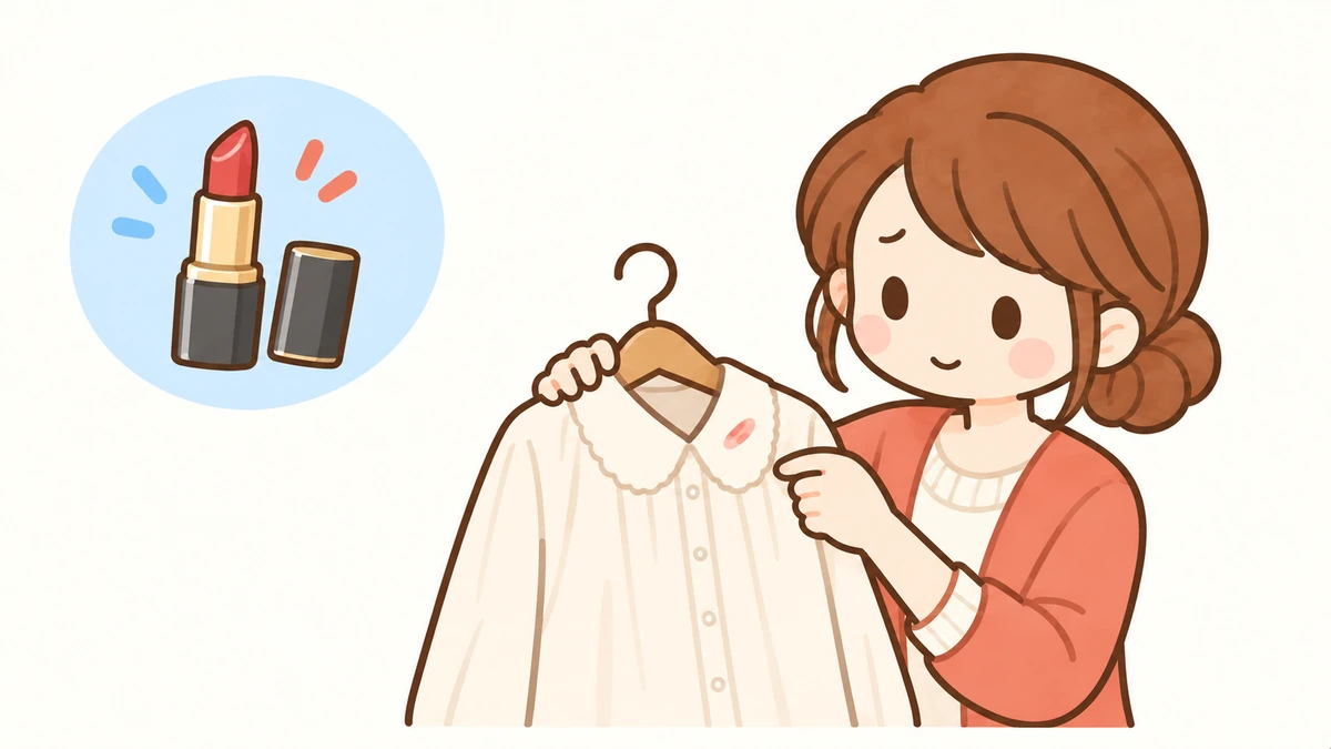 口紅の付いた衣類を確認する女性と口紅のイラスト