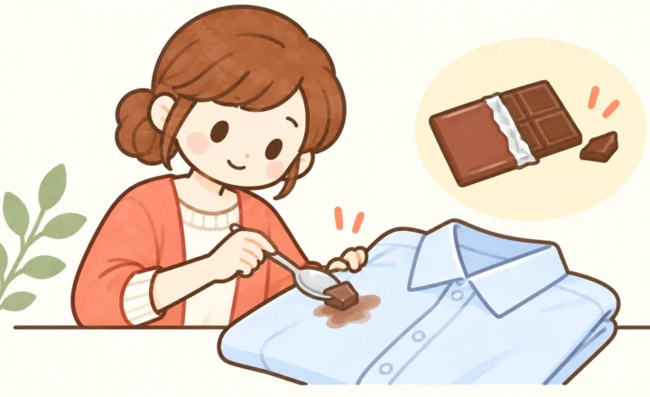 シャツについた固形のチョコレートを確認する女性のイラスト