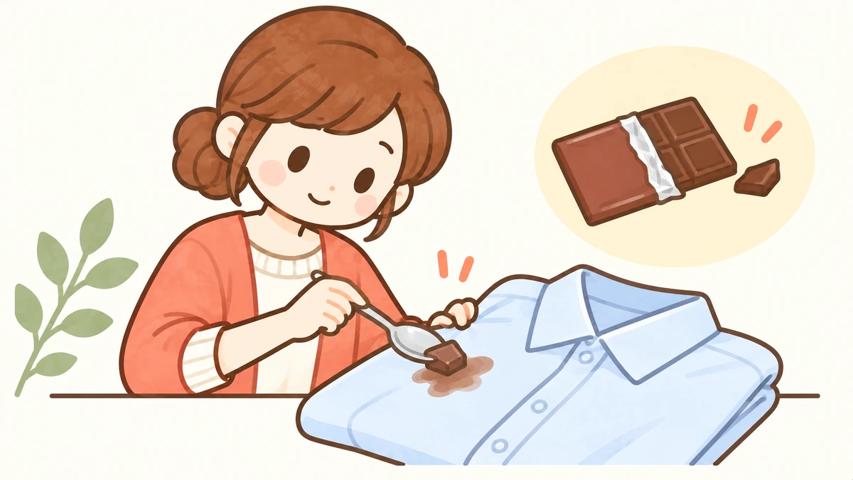 シャツについた固形のチョコレートを確認する女性のイラスト
