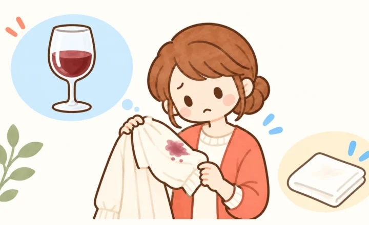 赤ワインの跡がついた袖を確認する女性のイラスト