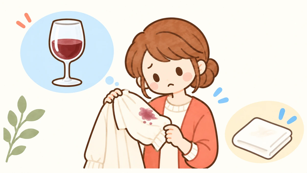 赤ワインの跡がついた袖を確認する女性のイラスト