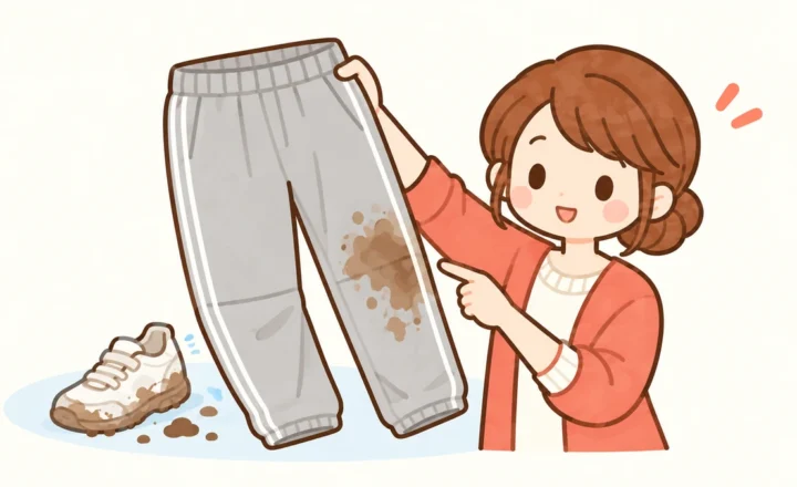 泥のついたスポーツ用ズボンを確認する女性のイラスト