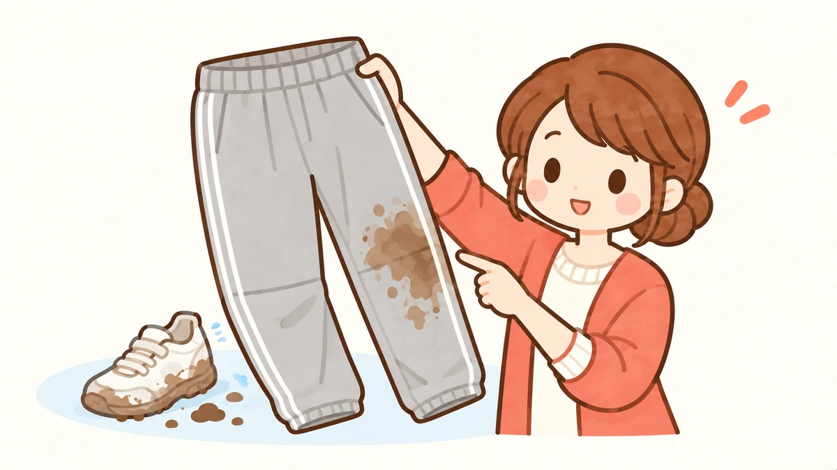 泥のついたスポーツ用ズボンを確認する女性のイラスト
