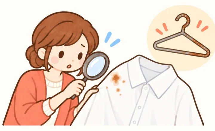 服についた茶色い点を虫眼鏡で確認する女性のイラスト