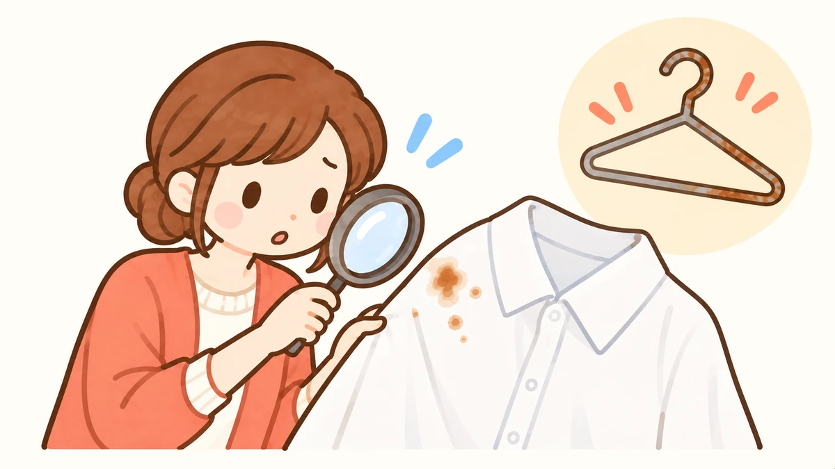 服についた茶色い点を虫眼鏡で確認する女性のイラスト