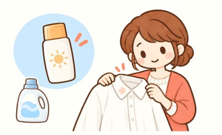 白い服のピンクの跡と日焼け止めを確認する女性のイラスト