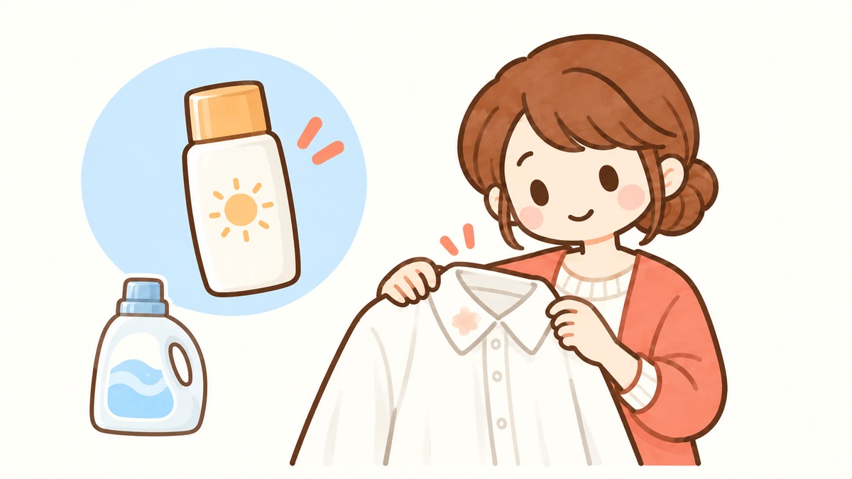 白い服のピンクの跡と日焼け止めを確認する女性のイラスト