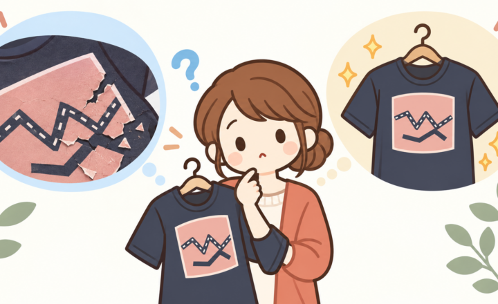 プリント部分がひび割れたTシャツを確認する女性の明るいPOPな編集イラスト