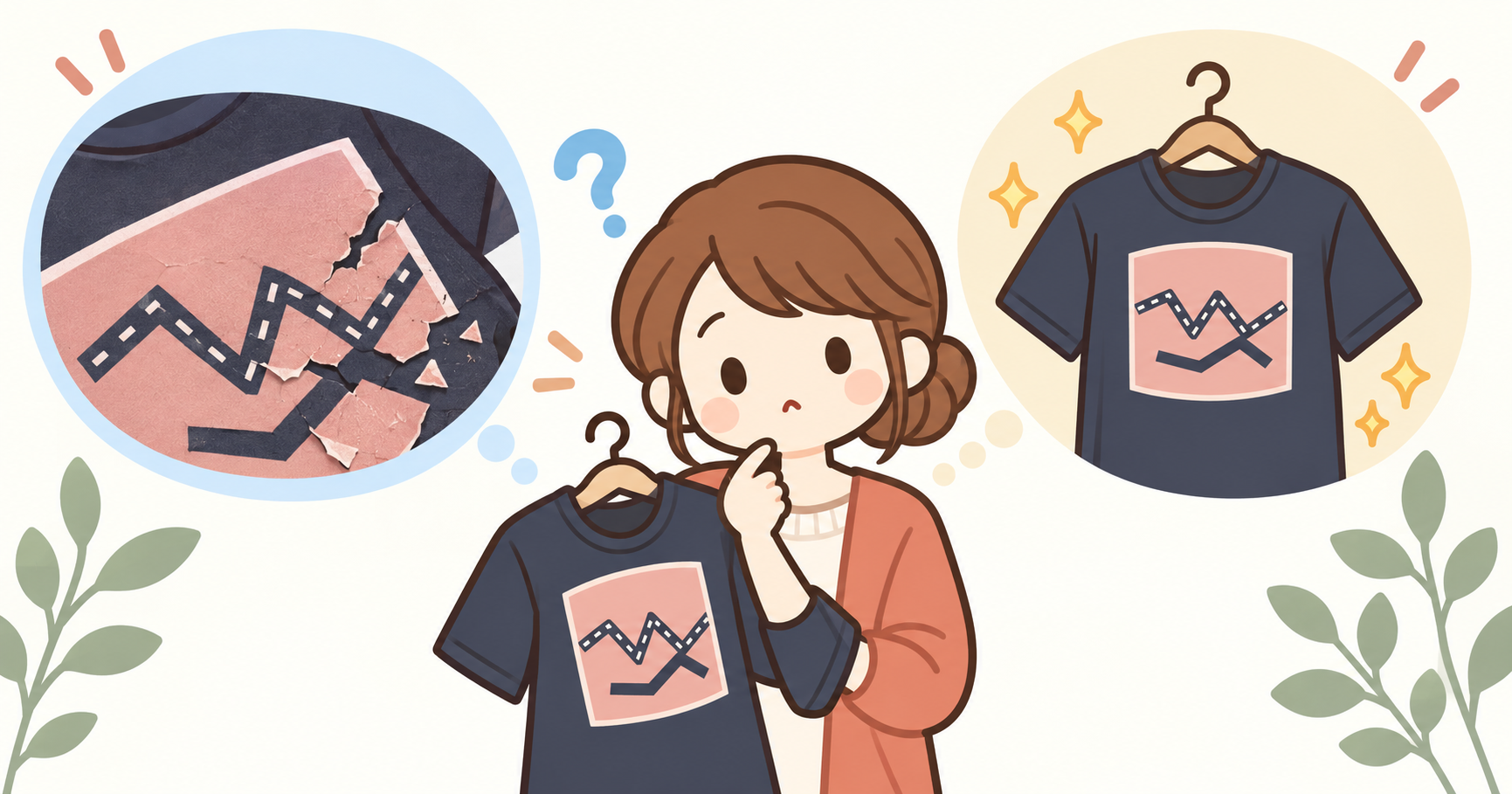 プリント部分がひび割れたTシャツを確認する女性の明るいPOPな編集イラスト
