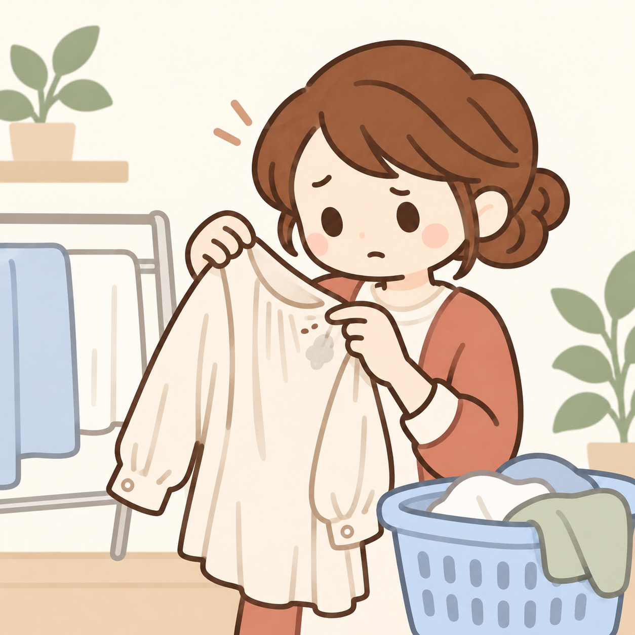 濡れたレーヨンのブラウスを確かめる女性のイラスト