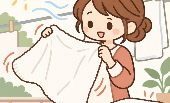 タオルを広げて風合いを確かめる女性のイラスト