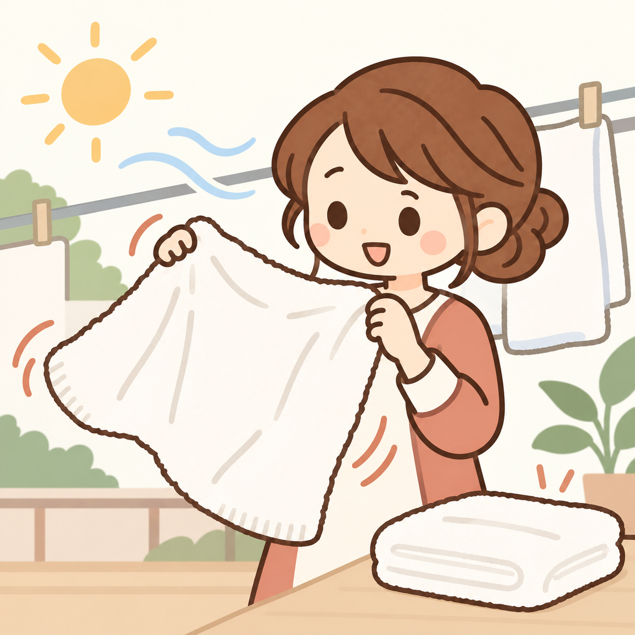 タオルを広げて風合いを確かめる女性のイラスト