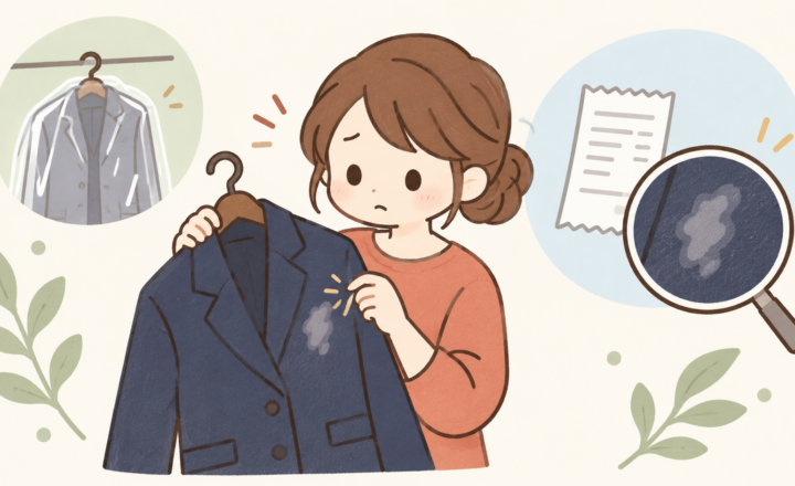 クリーニングから戻ったジャケットの白い変化を確認する女性のイラスト