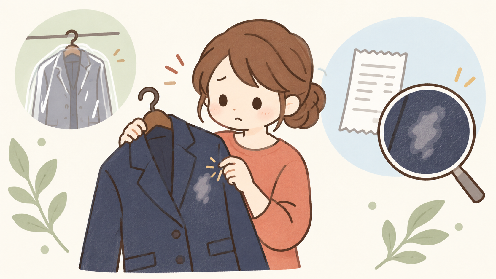 クリーニングから戻ったジャケットの白い変化を確認する女性のイラスト