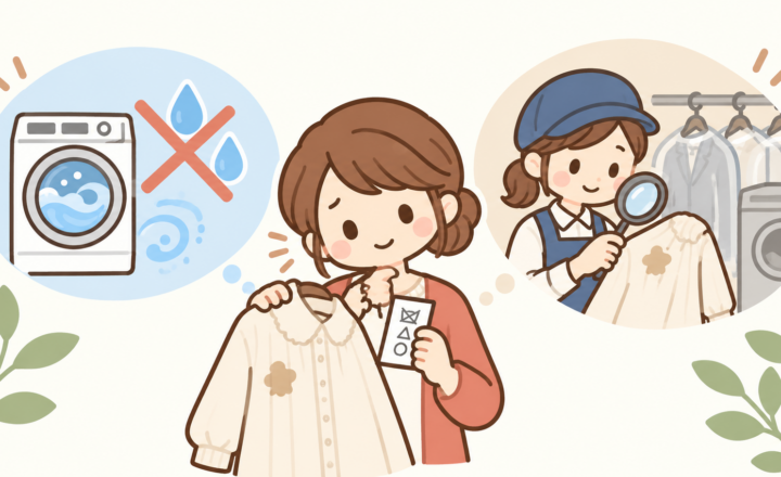 水洗い不可の洗濯表示を確認する女性と、衣類のシミを調べるクリーニング店員のイラスト