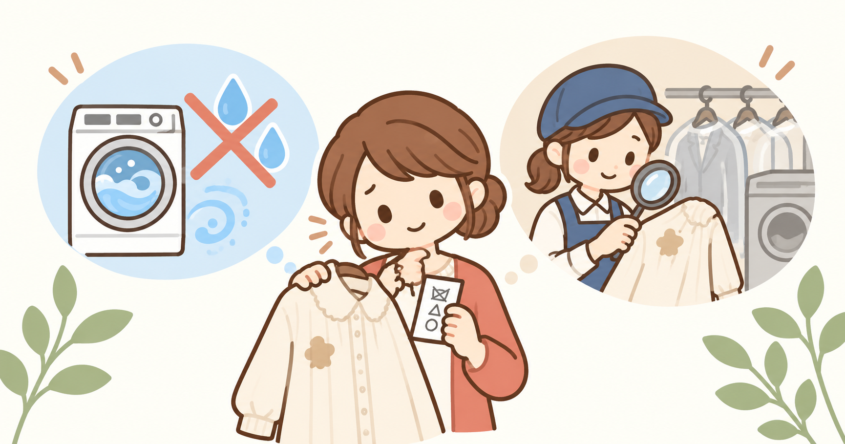 水洗い不可の洗濯表示を確認する女性と、衣類のシミを調べるクリーニング店員のイラスト